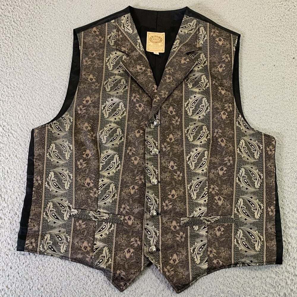 Wah Maker Vest Mens Large Brown Paisley Button Up Pockets Frontier Western‎ USA